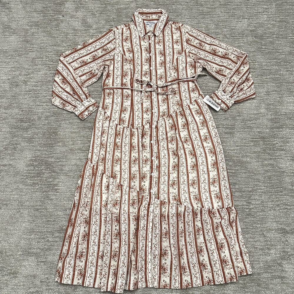 Polagram Shirt Dress Womens Large Brown Striped Floral Belted Button Front Maxi